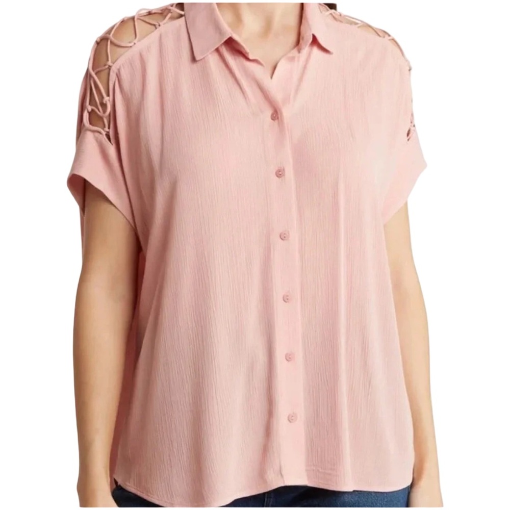 DR2 Women’s Pink Button Up Crinkle Blouse Lace Up‎ Shoulder Cutouts Size 2X EUC